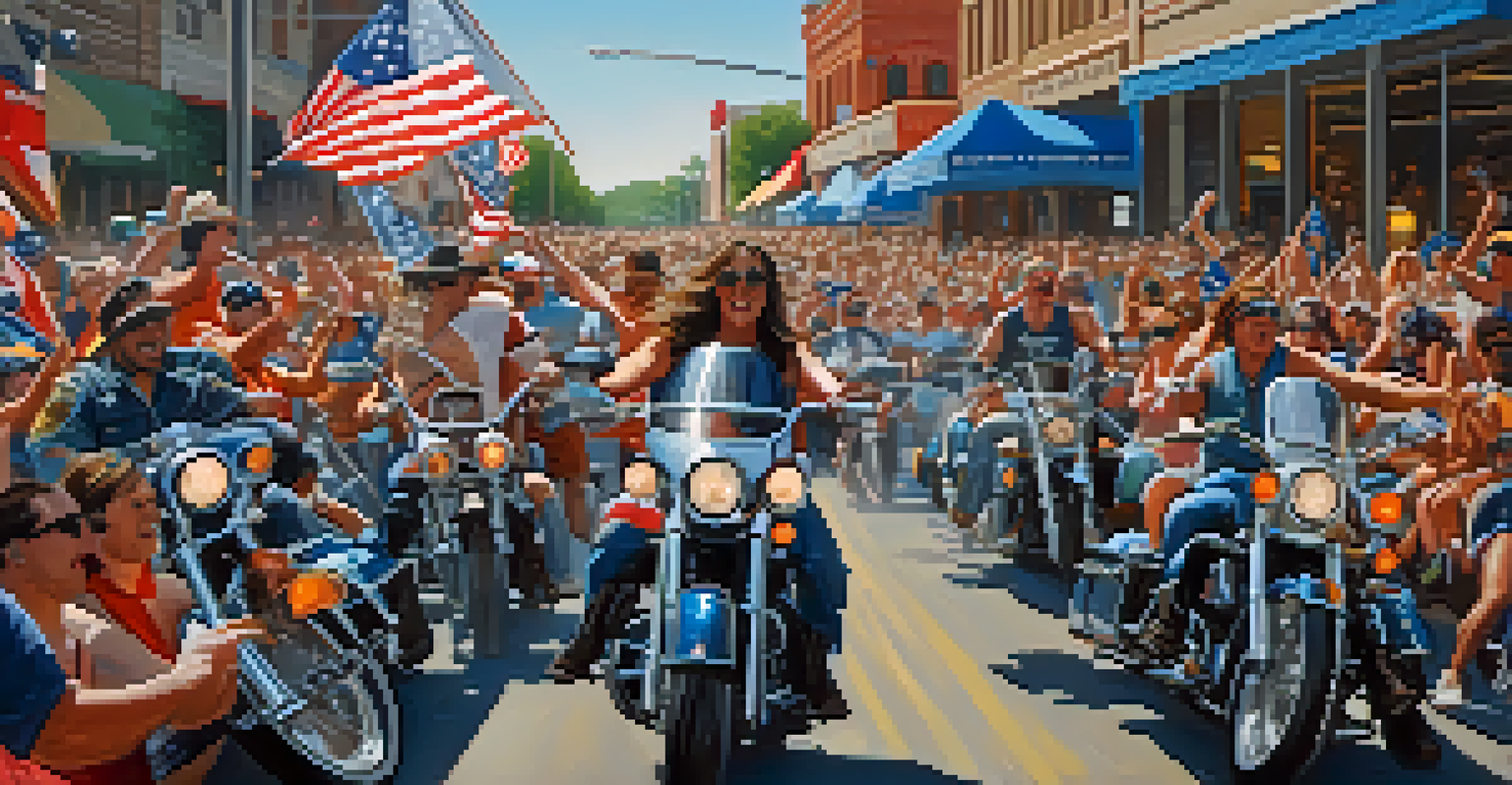 A parade of motorcycles in the ROT Biker Rally, with bikers in leather attire and cheering crowds in downtown Austin, under a clear blue sky.