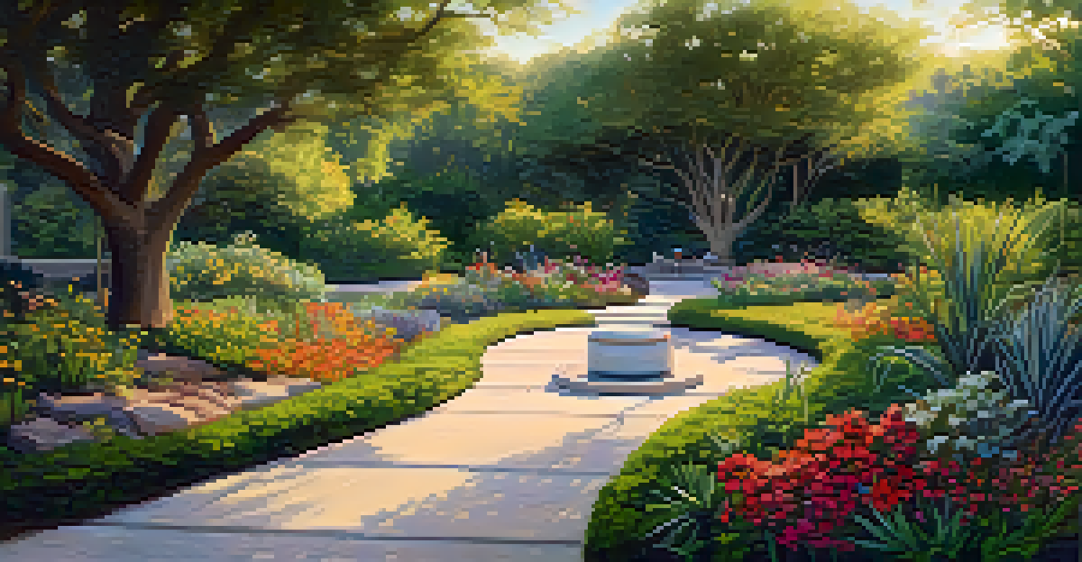 A peaceful garden scene with people enjoying a picnic among native plants and flowers.