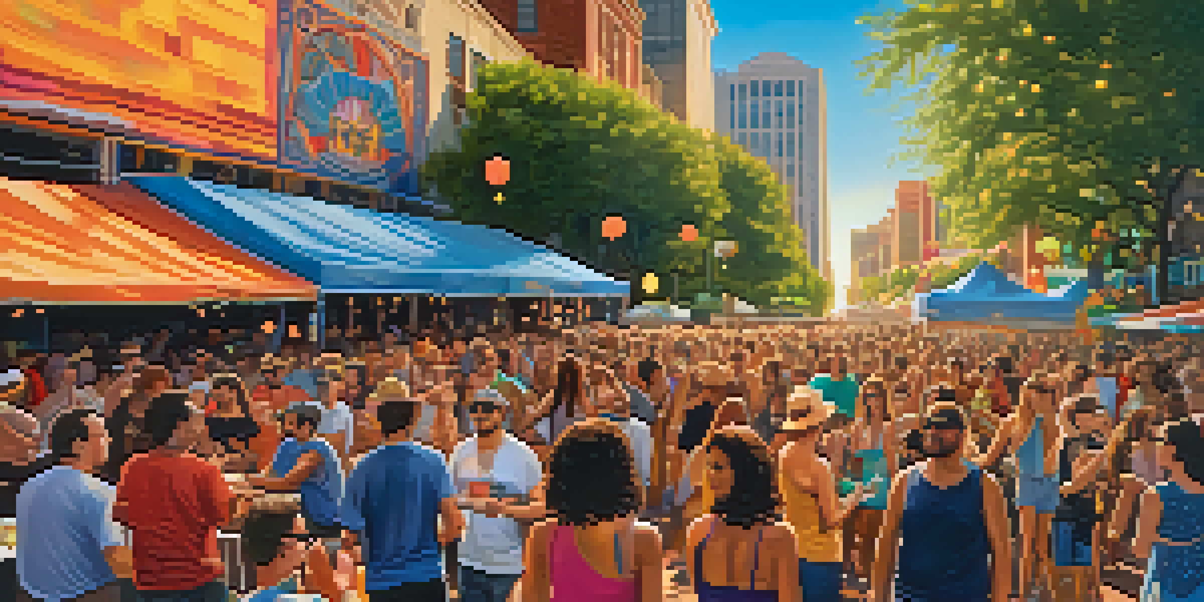 A lively outdoor music festival in Austin with diverse crowds enjoying performances and musicians playing acoustic guitars under a sunset.