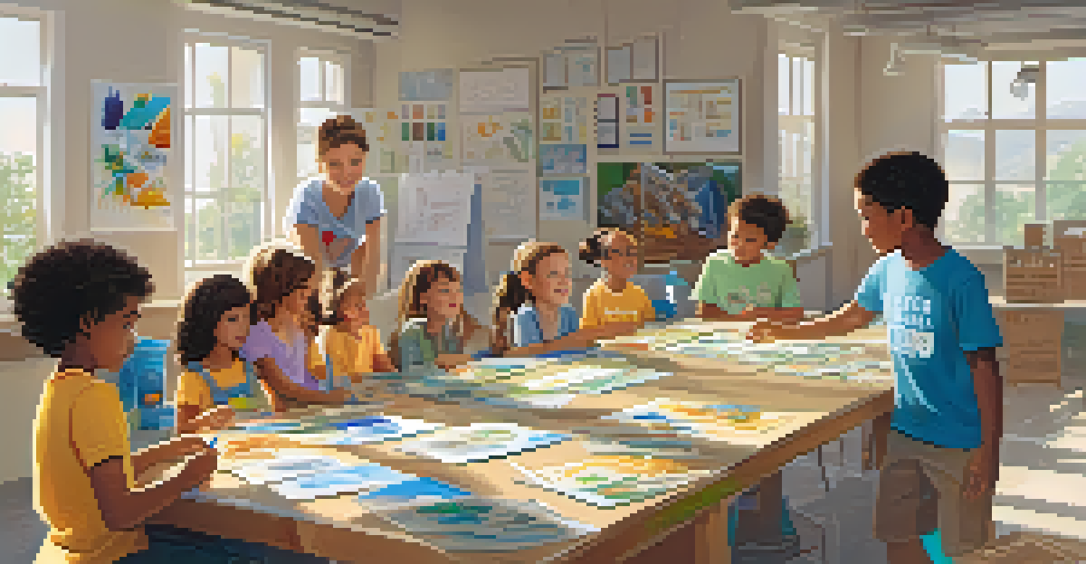 A classroom setting where children and adults learn about recycling practices with materials on the table.