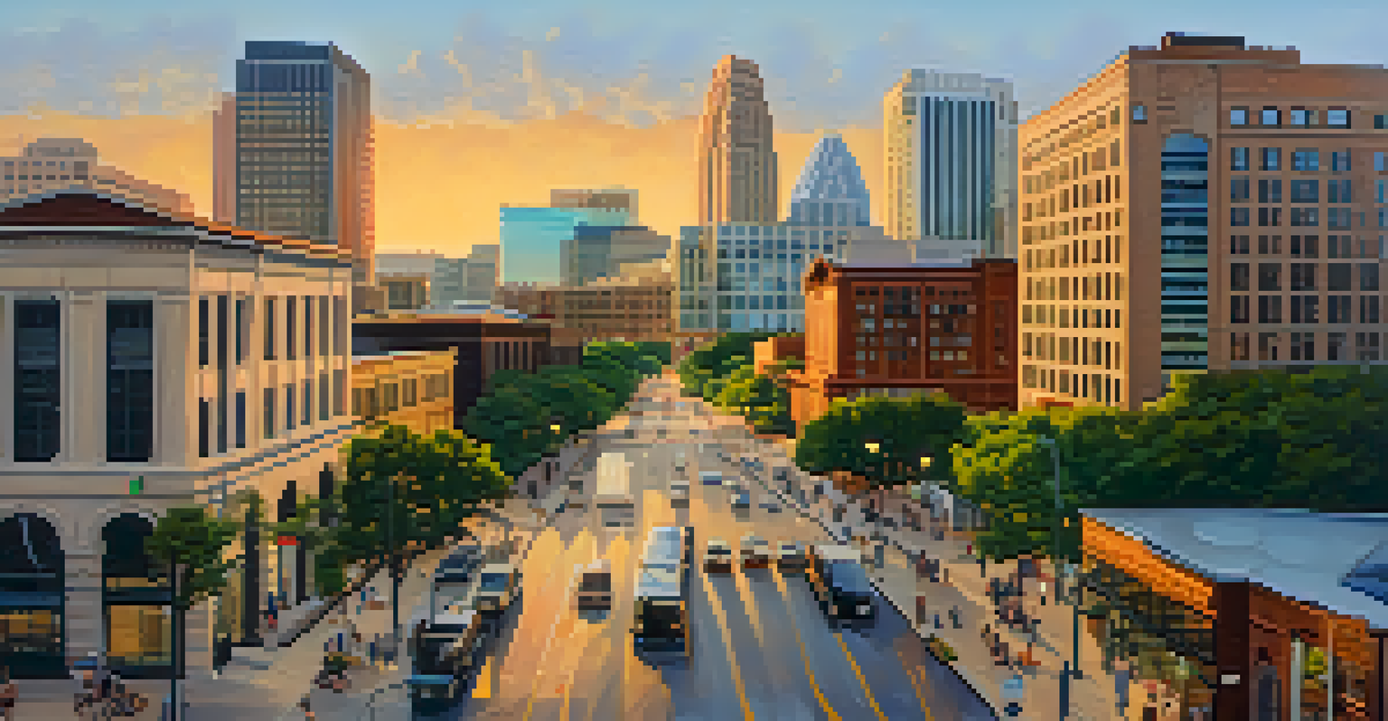 A panoramic view of downtown Austin showcasing modern tech buildings and historic architecture, with people enjoying the urban space during golden hour.