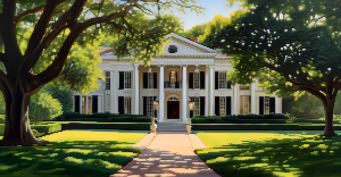 The Texas Governor's Mansion showcasing its elegant architecture and lush gardens, bathed in warm sunlight.