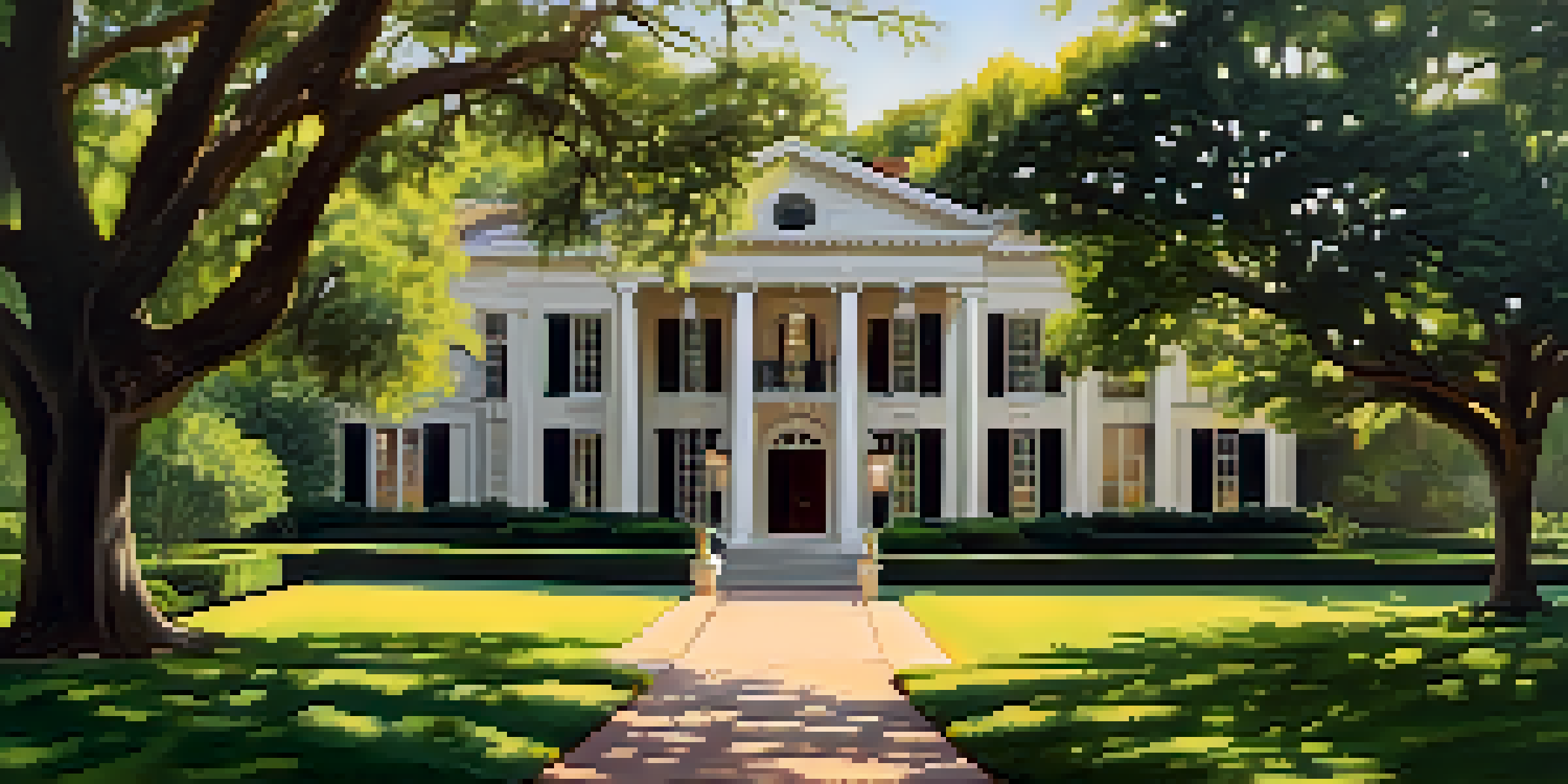 The Texas Governor's Mansion showcasing its elegant architecture and lush gardens, bathed in warm sunlight.