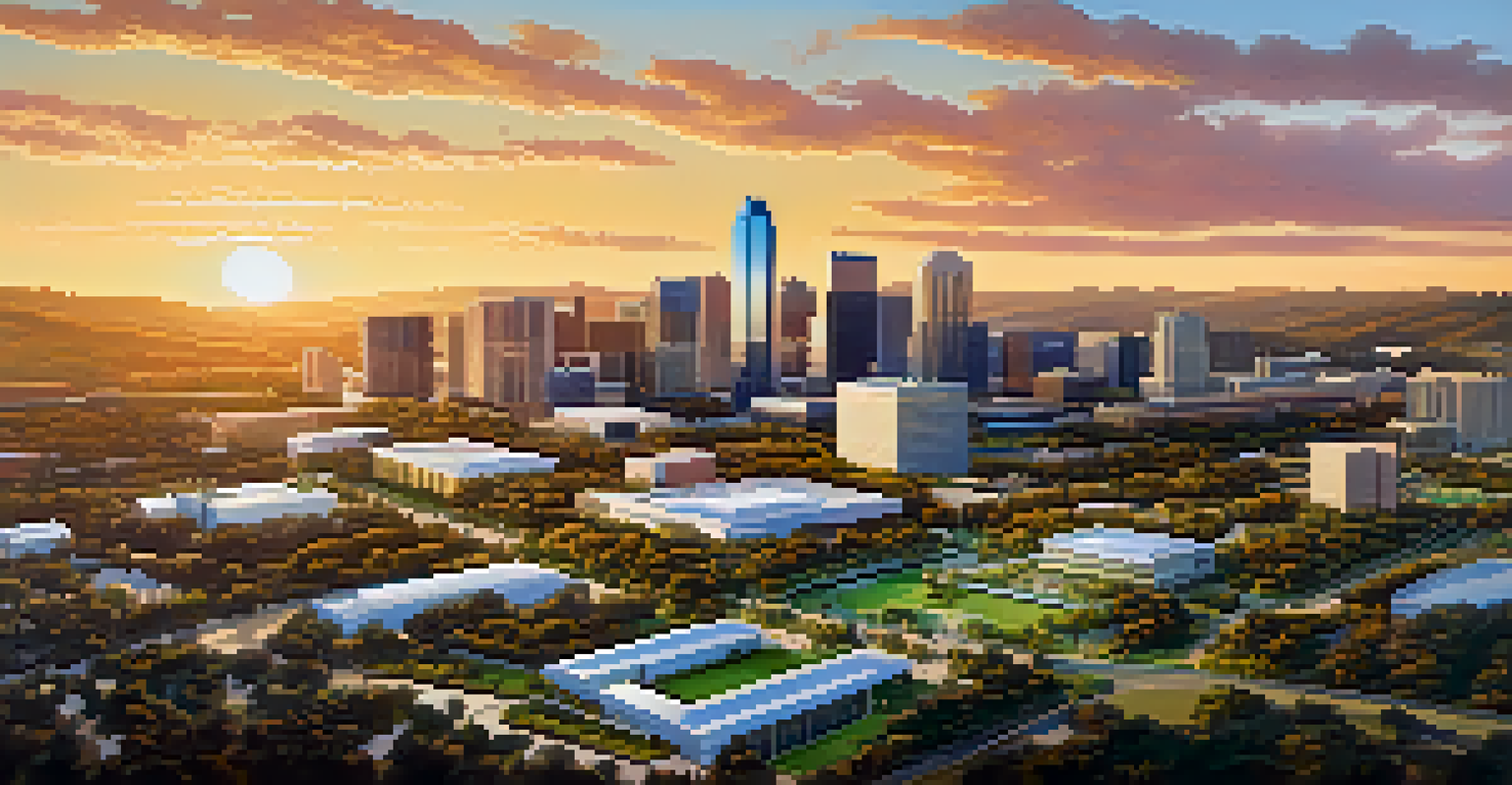 Aerial view of Silicon Hills with a mix of urban buildings and green parks, illuminated by the warm golden light of sunset.