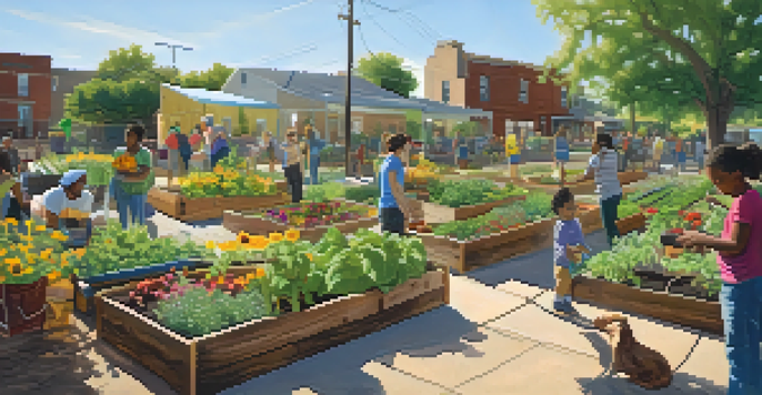 A lively community garden in Austin with people of different ages planting and caring for colorful flowers and vegetables, with sunflowers in the background.