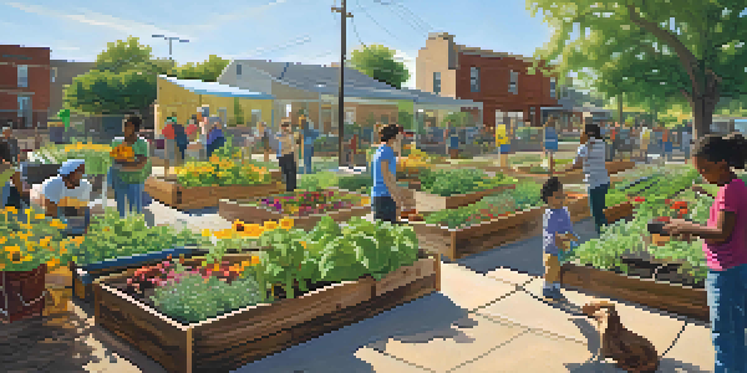 A lively community garden in Austin with people of different ages planting and caring for colorful flowers and vegetables, with sunflowers in the background.