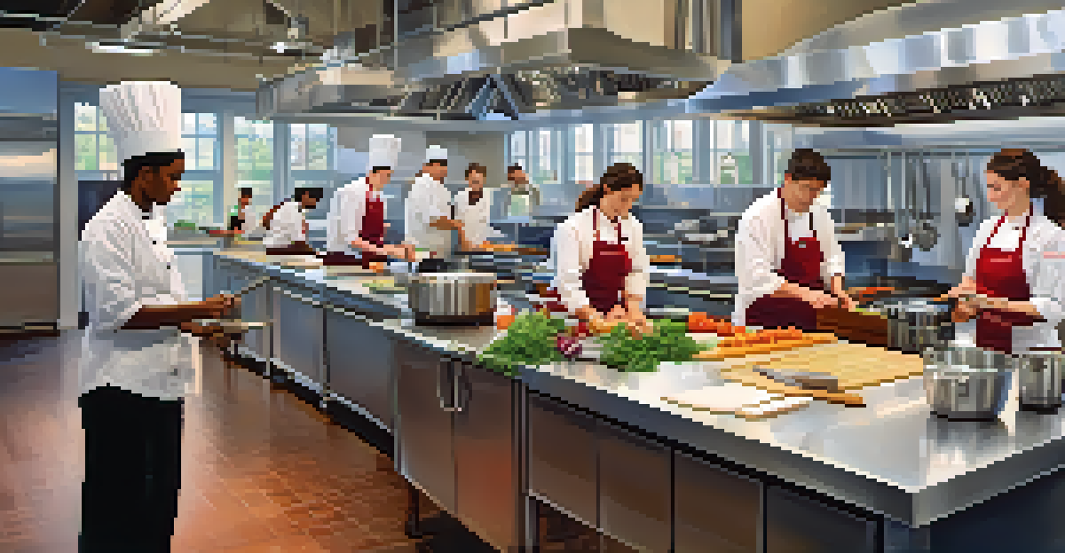 A modern culinary school kitchen with diverse students practicing cooking skills, surrounded by professional appliances and colorful ingredients.
