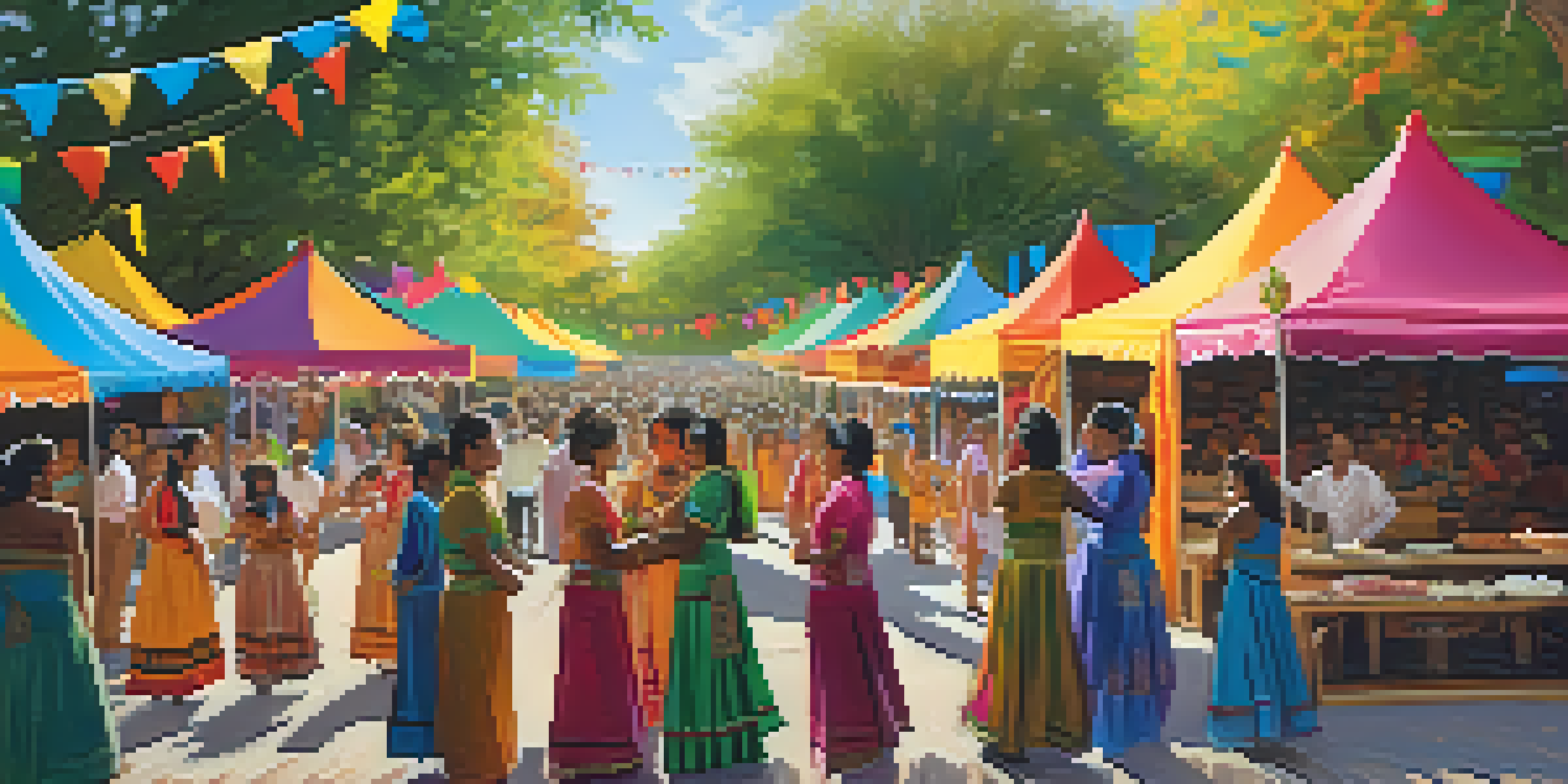 A colorful cultural festival in Austin with diverse participants in traditional clothing dancing and enjoying music under sunlight.