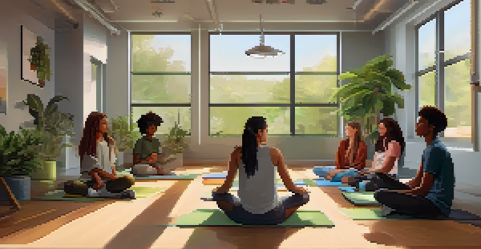 A group of diverse teenagers participating in a mindfulness workshop in a bright community center.