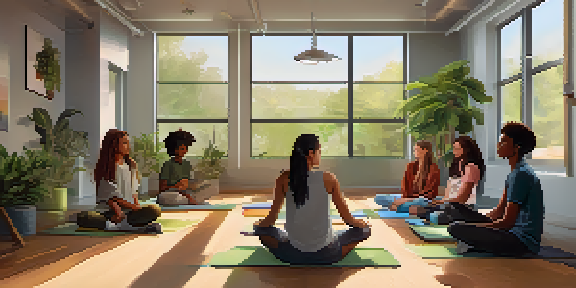 A group of diverse teenagers participating in a mindfulness workshop in a bright community center.