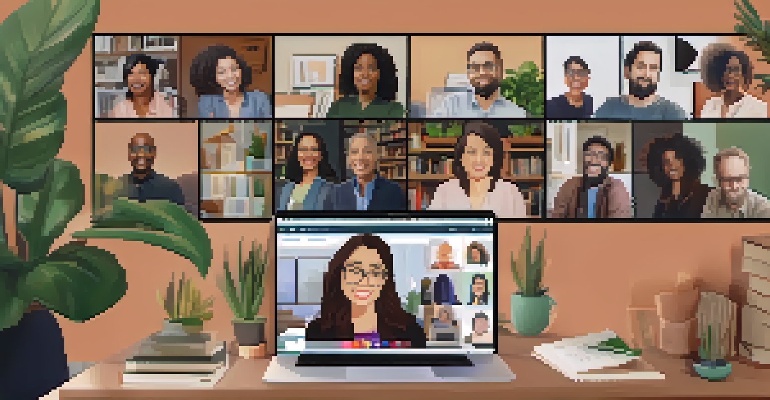 A virtual town hall meeting displayed on a laptop screen, featuring diverse participants actively engaging in discussion from their home offices.