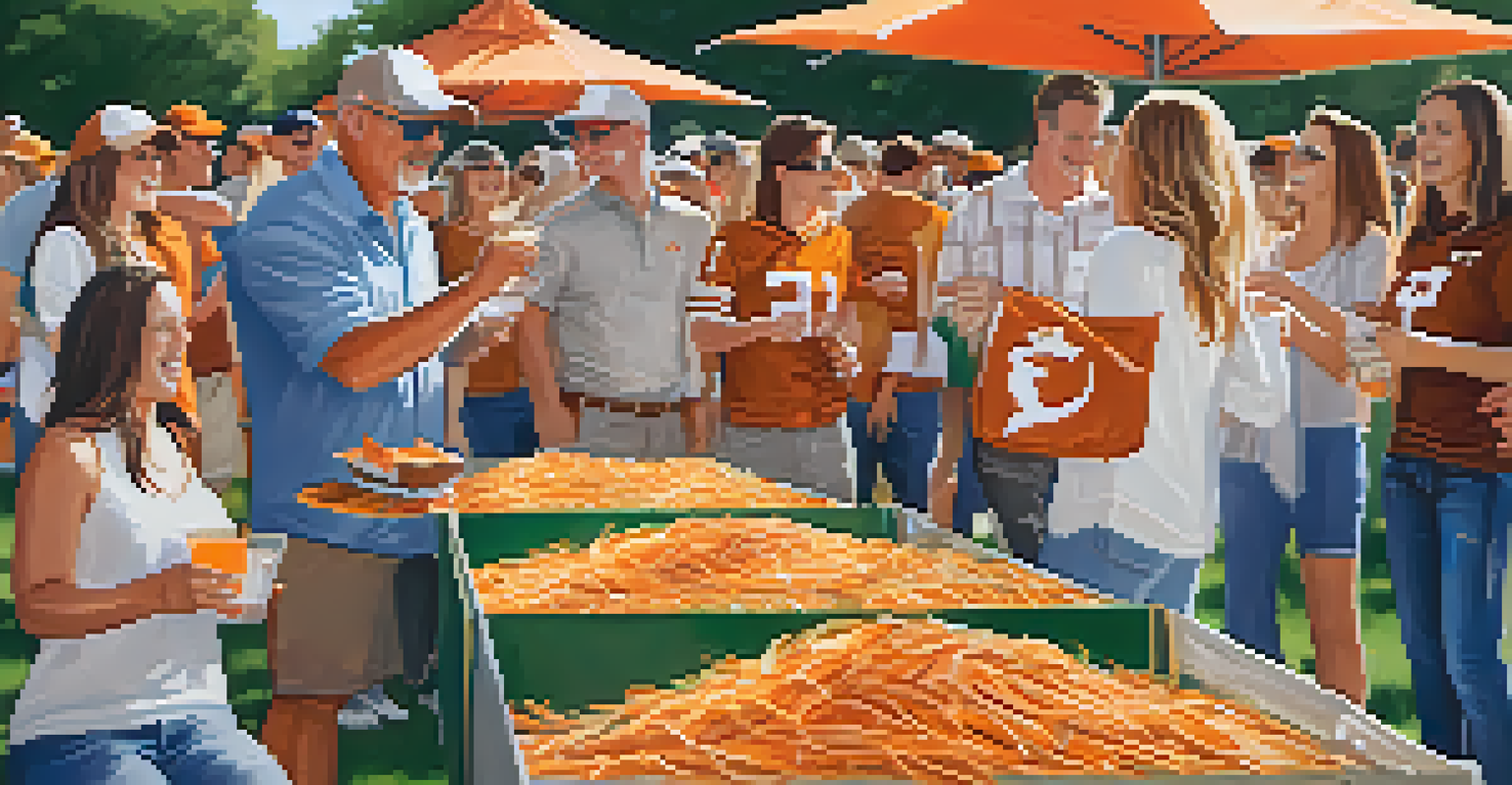 A festive tailgating scene outside a football stadium with fans enjoying food and games, all dressed in Texas Longhorns gear.