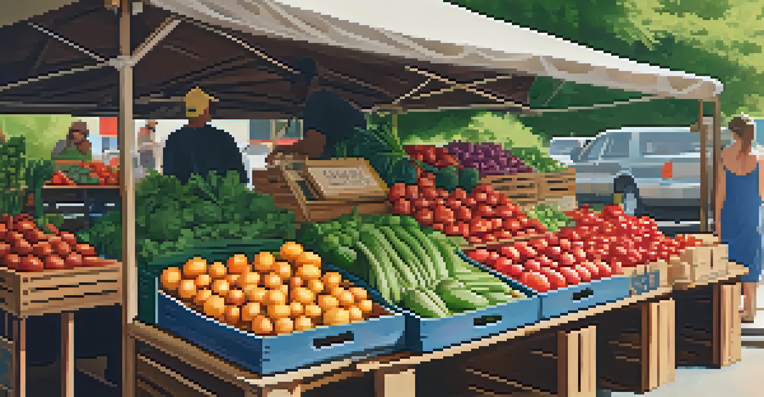 A close-up view of a vendor's stall at a farmers' market with fresh fruits and vegetables.