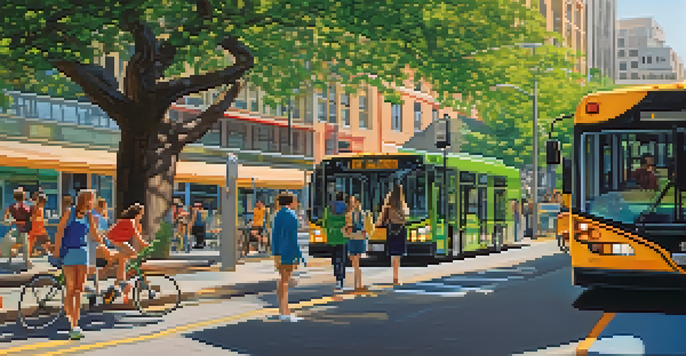 A colorful city scene in Austin with electric buses, greenery, and cyclists on dedicated bike lanes under warm sunlight.