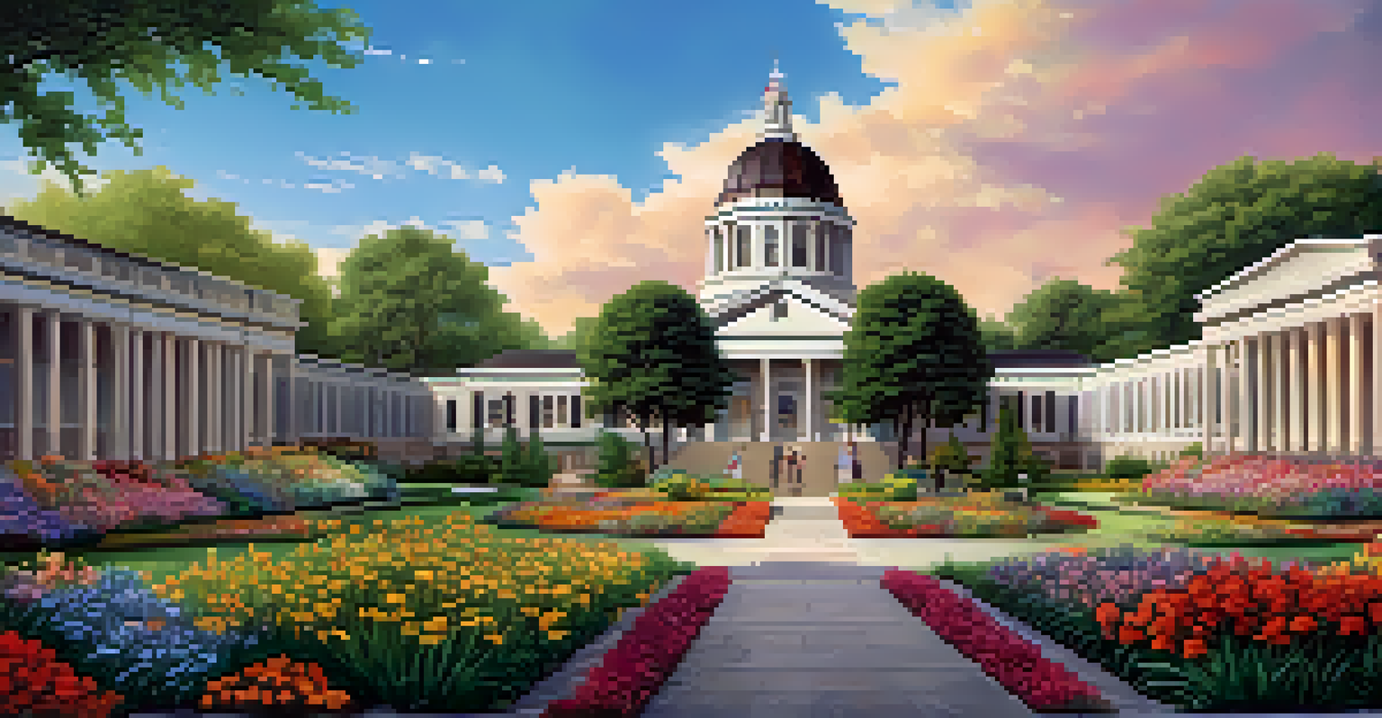 An artistic depiction of Austin in the 1830s, featuring a central public school building with families and children engaged in learning, surrounded by lush greenery.