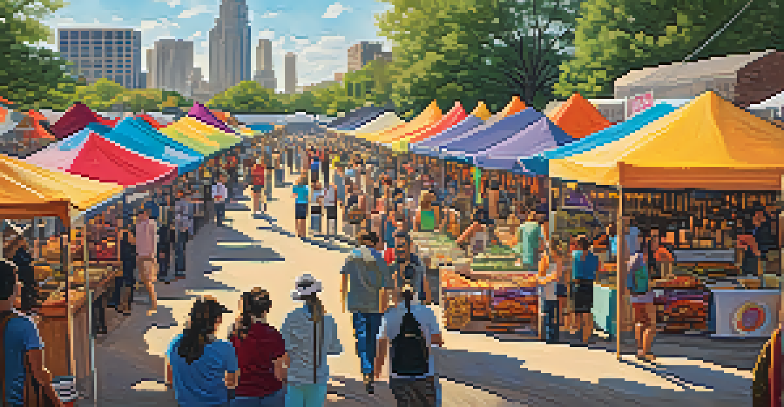 A bustling market at an Austin music festival with colorful stalls offering local food and handmade goods, and musicians performing in the background.