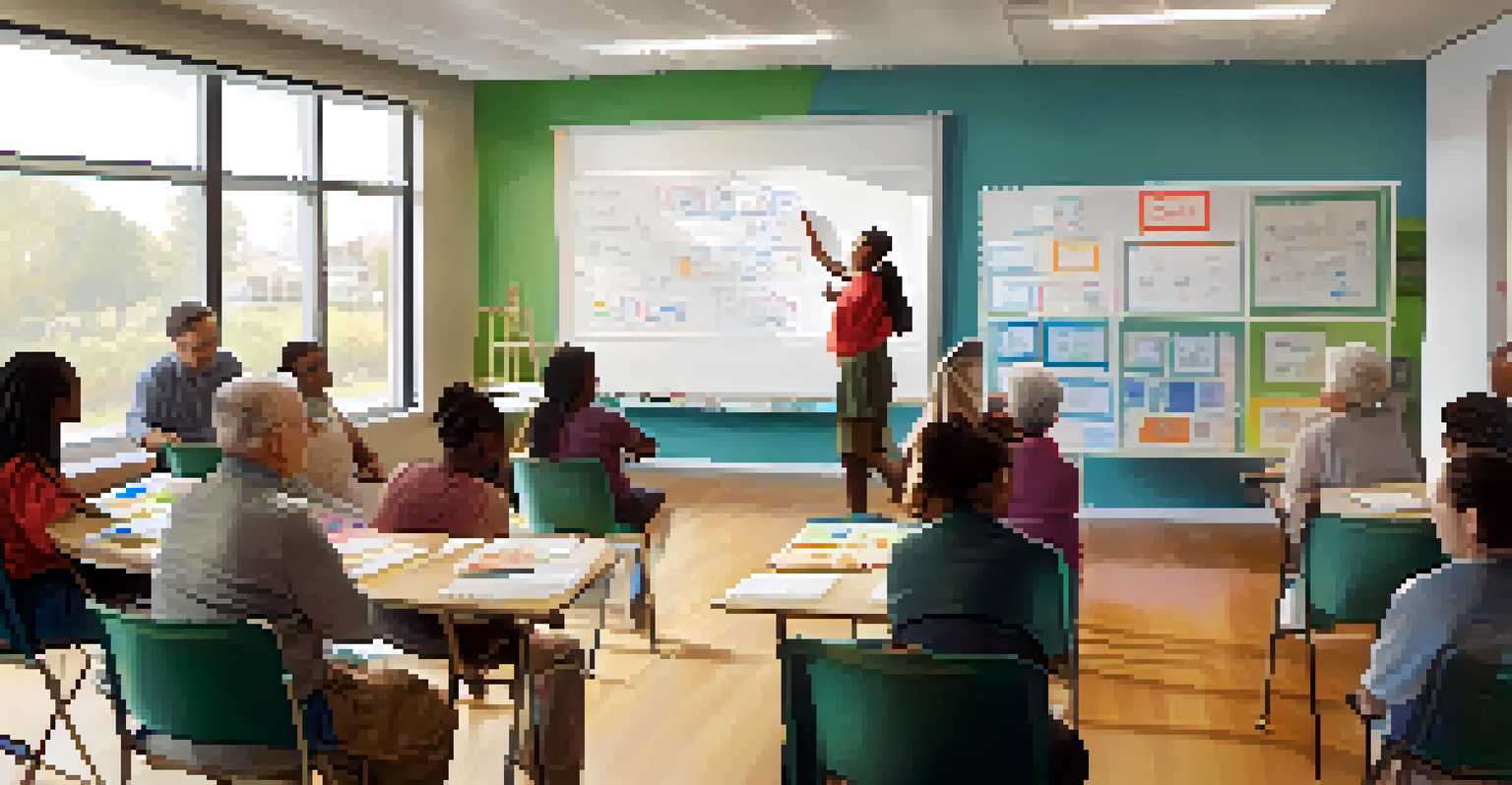 A classroom setting with diverse attendees engaged in a civic education workshop, with an instructor teaching and a bright, inviting atmosphere.