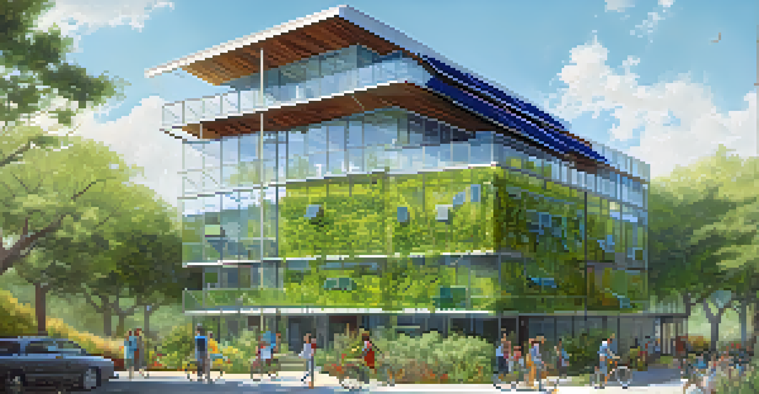 A sustainable building in Austin, Texas, with solar panels and green roofs, surrounded by native plants and people enjoying the area.