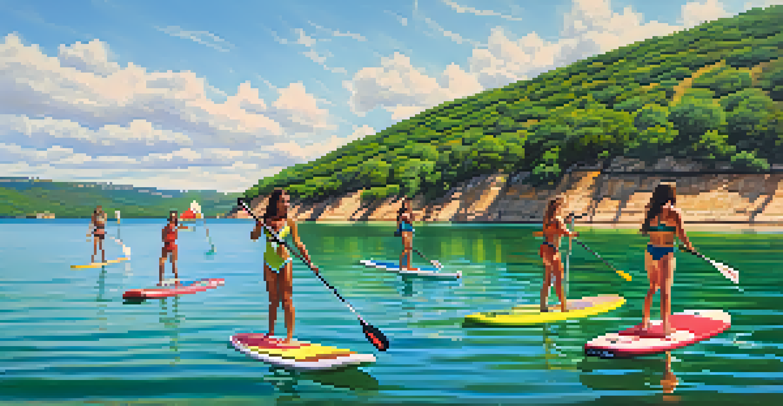 A group of diverse individuals paddleboarding together on Lake Travis, surrounded by scenic hills.