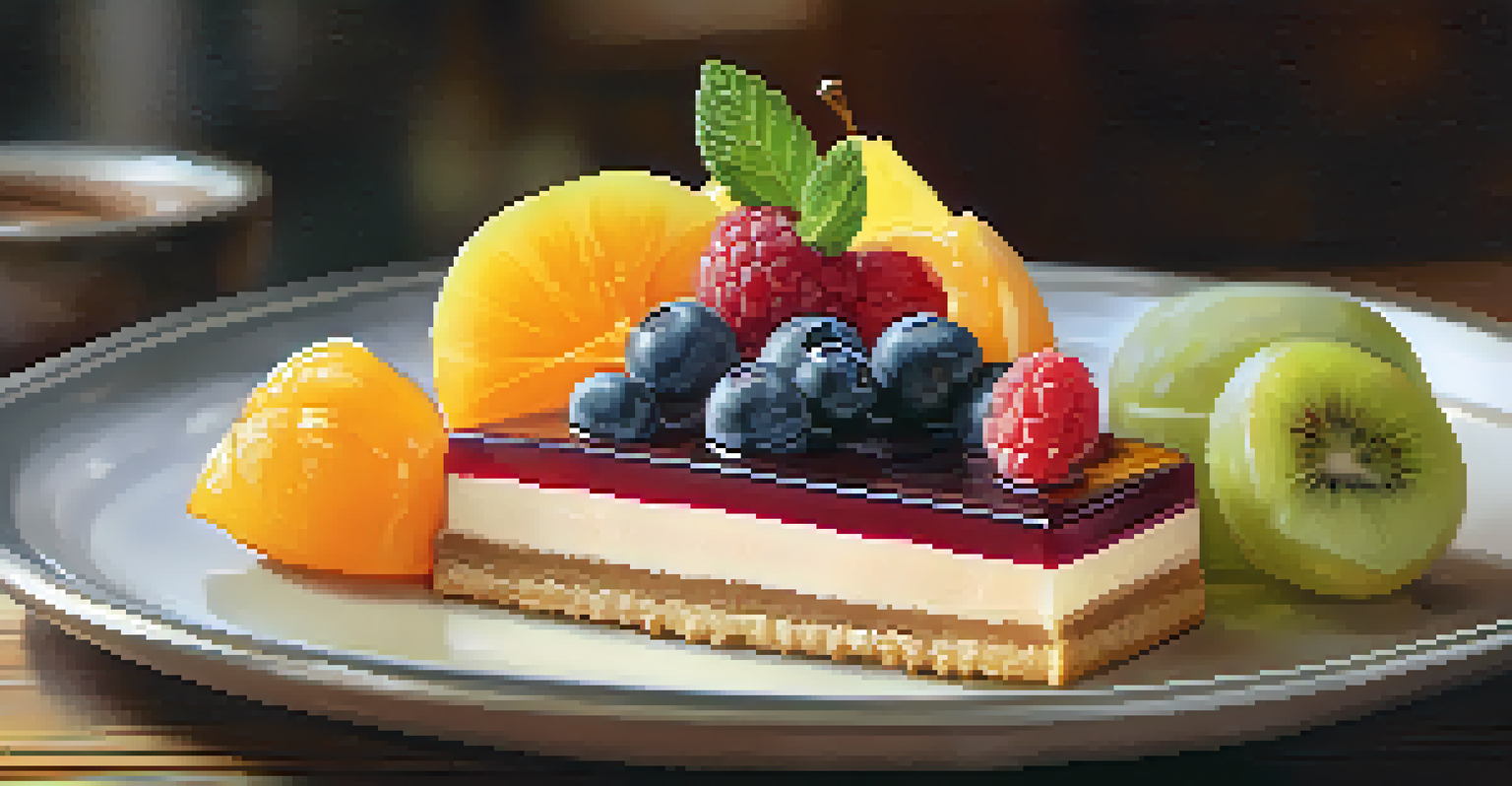 A beautifully plated seasonal fruit tart on a rustic table, with vibrant colors and soft natural light highlighting the dessert's details.