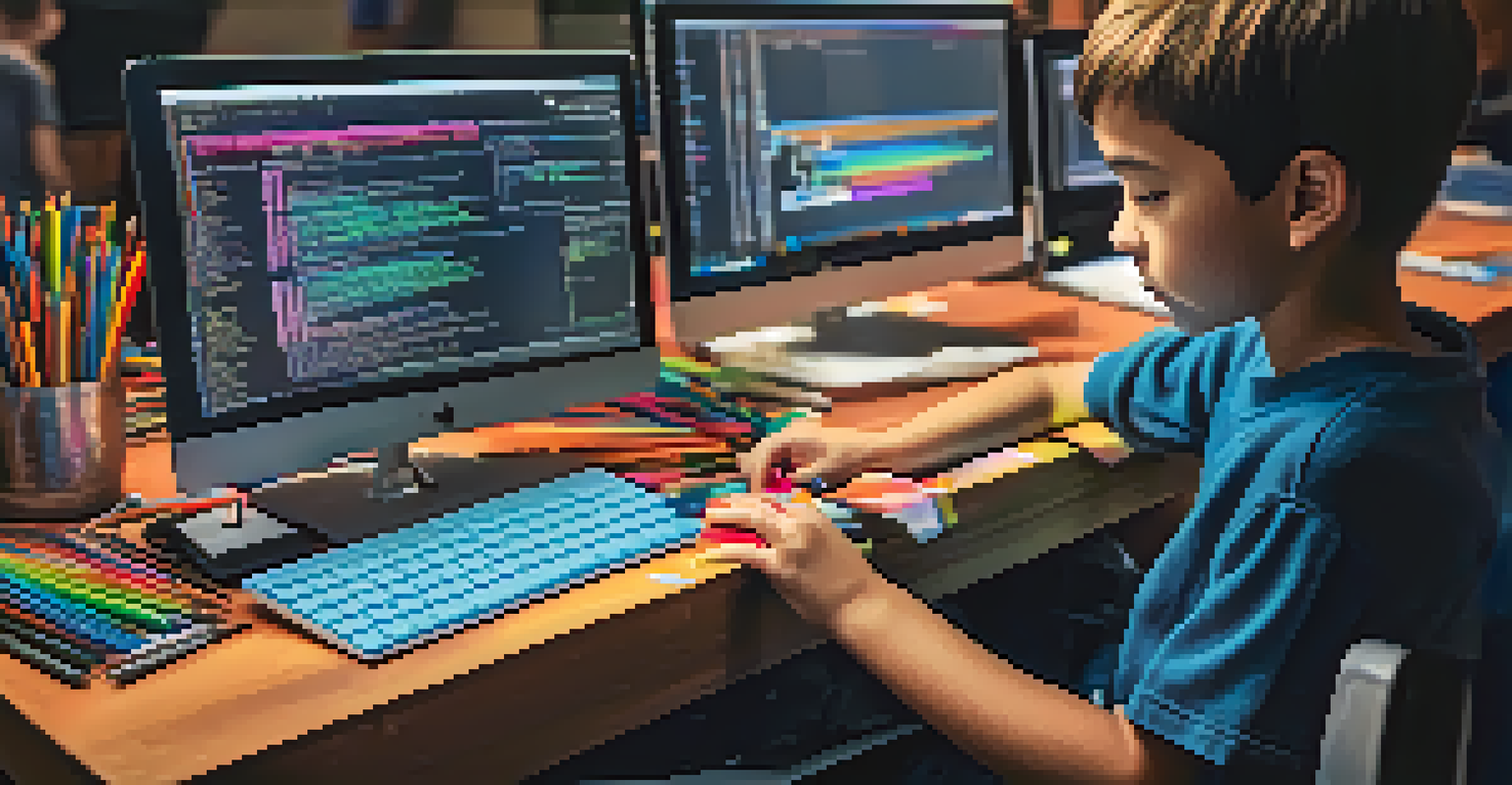 A child's hands programming on a laptop at a coding workshop, surrounded by books and pens, highlighting creativity and focus.