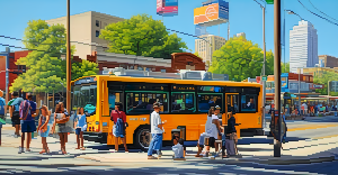A busy bus stop in Austin with diverse people, colorful murals, green trees, and a clear blue sky.