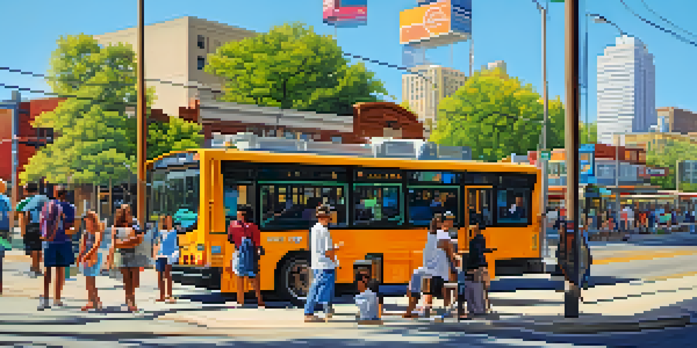 A busy bus stop in Austin with diverse people, colorful murals, green trees, and a clear blue sky.