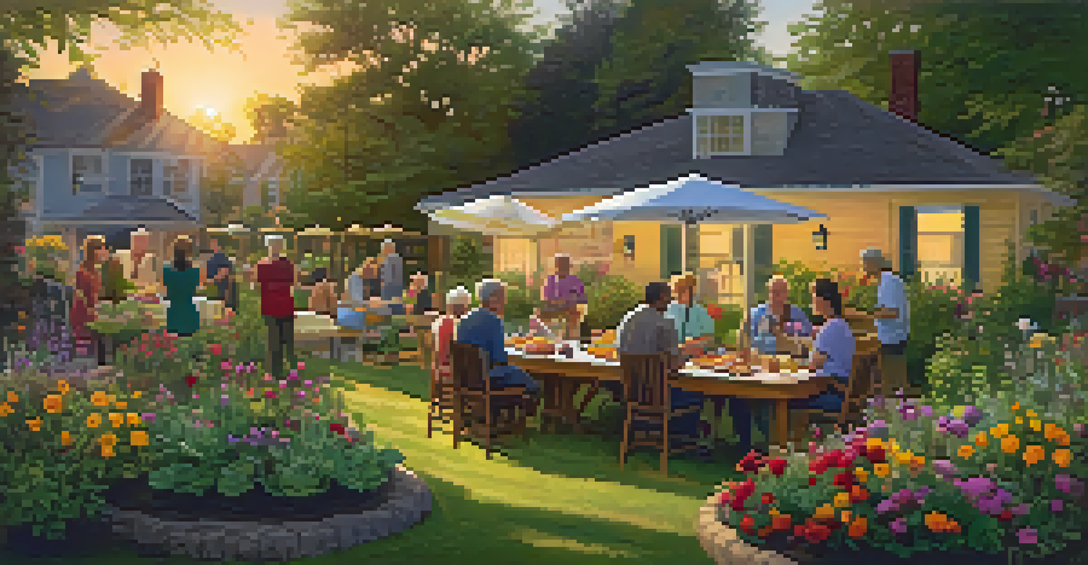 Neighbors enjoying a potluck in a community garden during sunset.