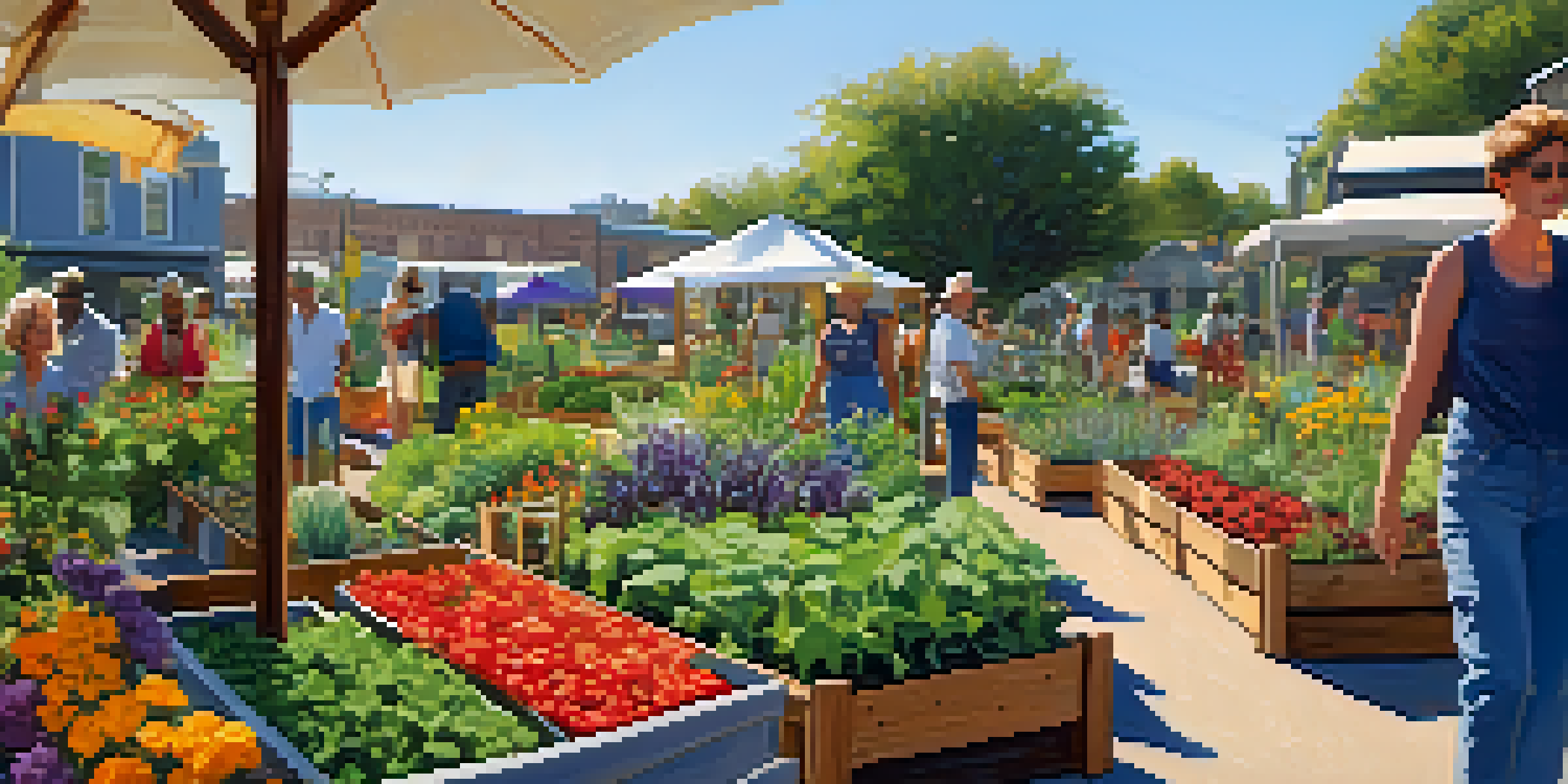 A community garden filled with diverse plants and people gardening under a sunny sky.
