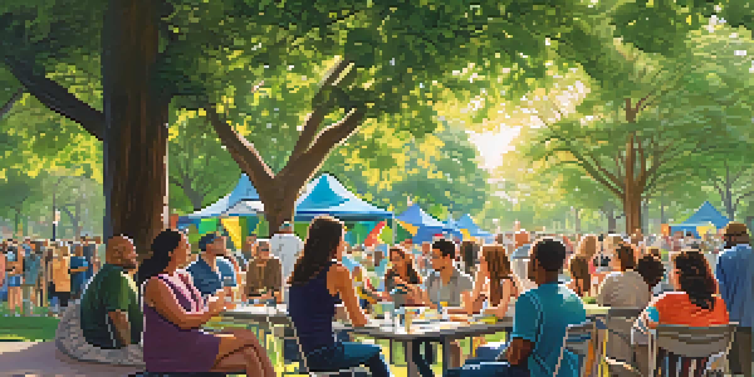 A lively community event in an Austin park with diverse individuals participating in discussions under the sunlight.