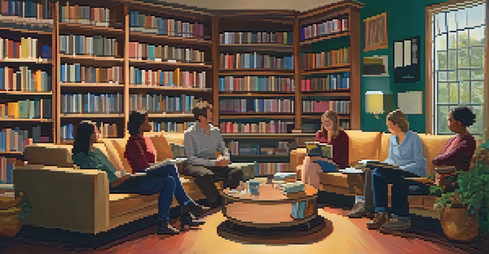 A diverse group of four people sitting in a cozy bookstore during a book club meeting, with warm lighting and shelves filled with books.