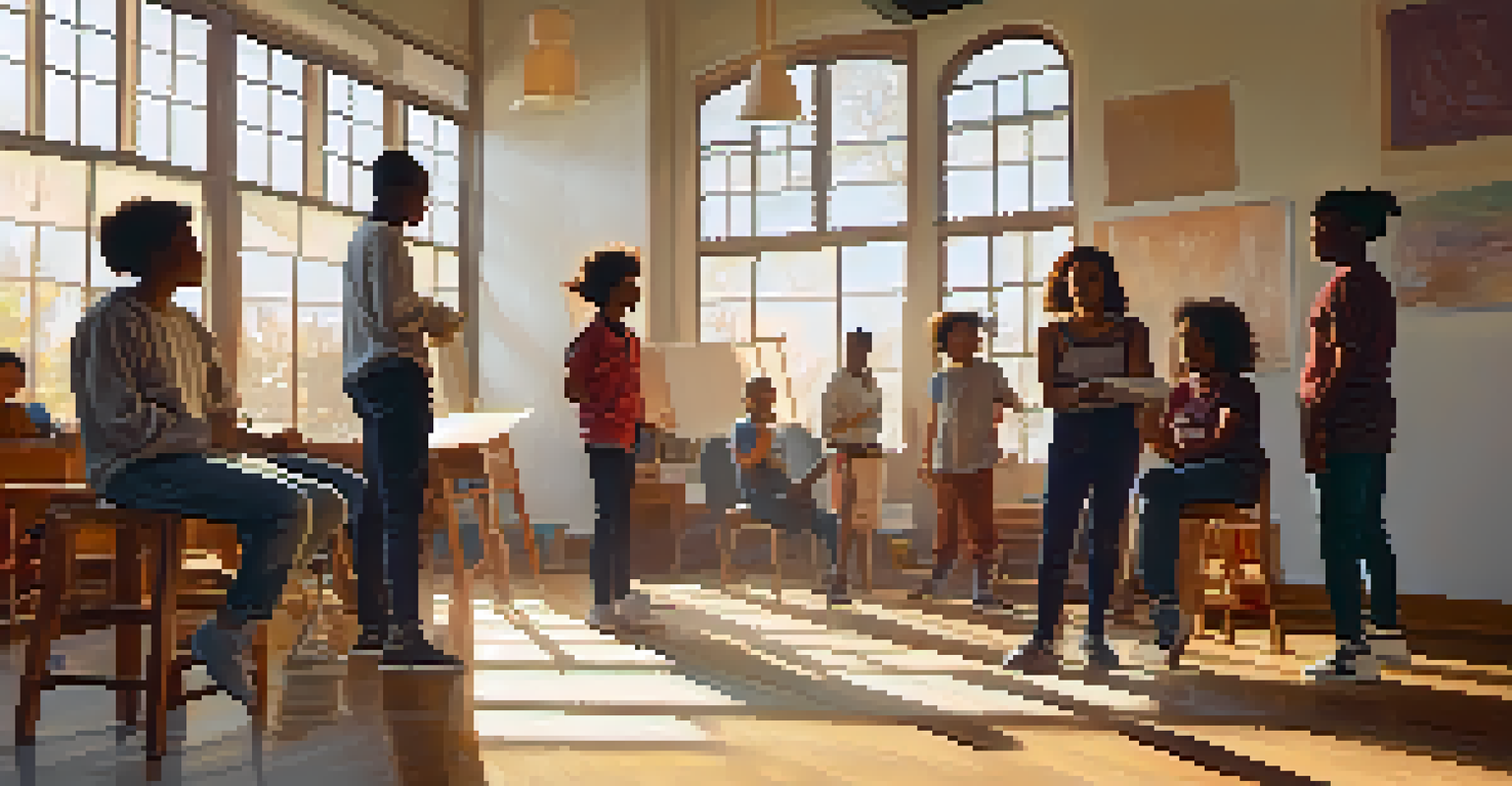 A community theater workshop with young actors rehearsing a scene, surrounded by props and illuminated by sunlight through large windows.