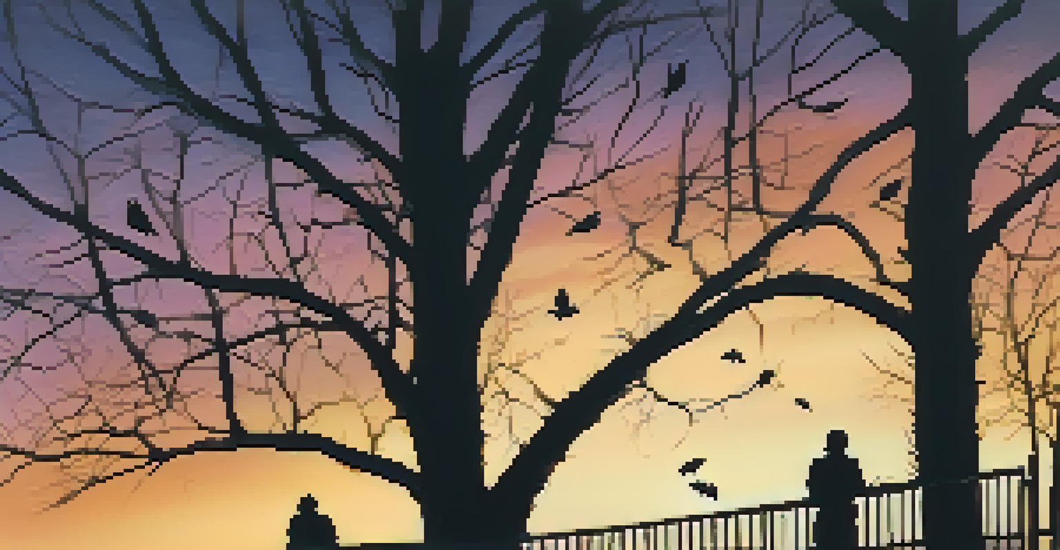 A captivating dusk landscape with owls perched on branches and bats flying in a twilight sky.