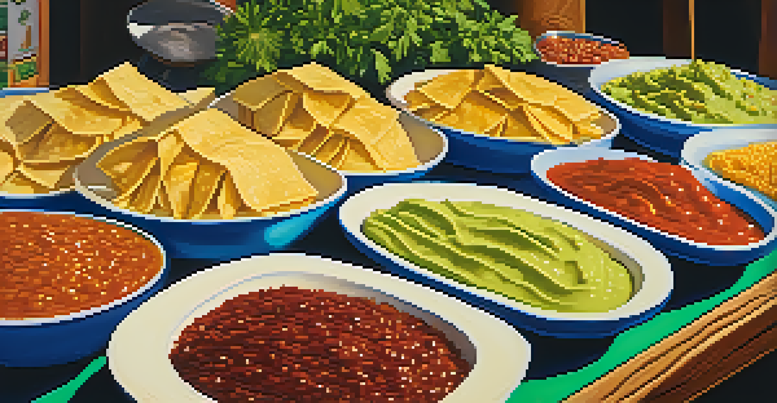 A close-up of a food vendor's table at Austin festival, showcasing colorful traditional dishes including tamales and salsas.