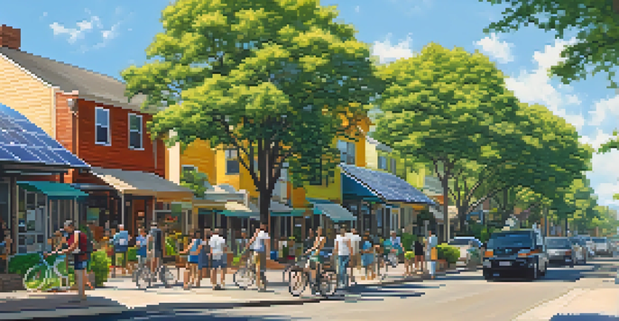 A sunny urban scene in Austin with solar panels on rooftops, green trees, and people walking and biking.