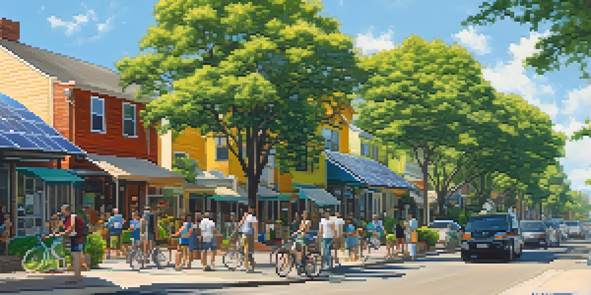 A sunny urban scene in Austin with solar panels on rooftops, green trees, and people walking and biking.