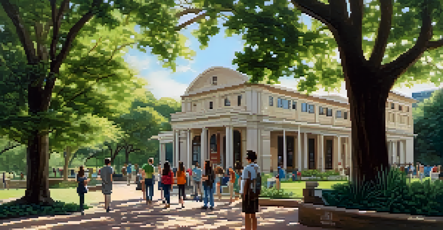 A group of students on a guided tour at the Austin History Center, listening to a local historian amidst the lush greenery and beautiful architecture.