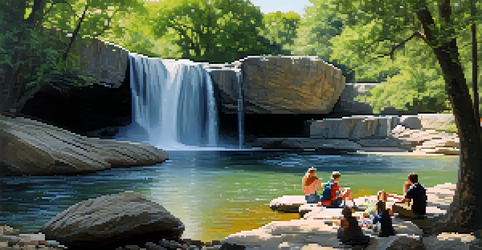 A serene view of McKinney Falls State Park, with waterfalls, green surroundings, and families enjoying picnics and hiking.