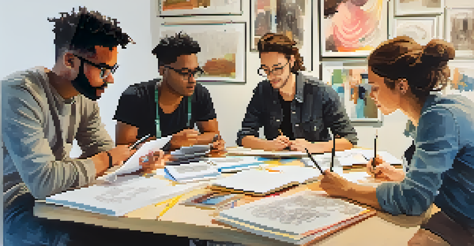 Emerging artists in a bright workshop, collaborating on a play script at a table filled with notepads and coffee cups.