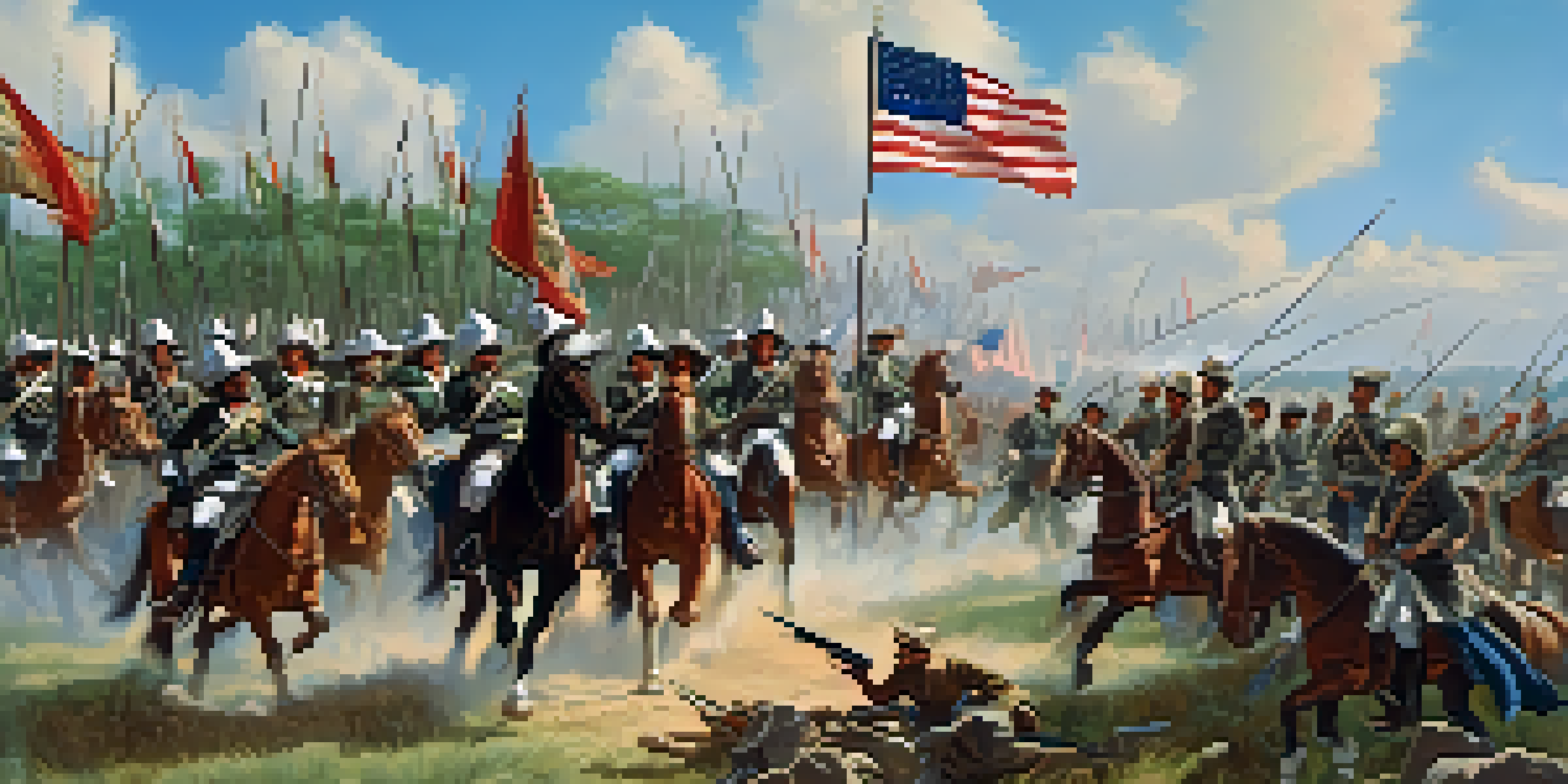 Texian soldiers charging into battle at San Jacinto under a bright blue sky, with expressions of determination, and a backdrop of the Mexican army in disarray.