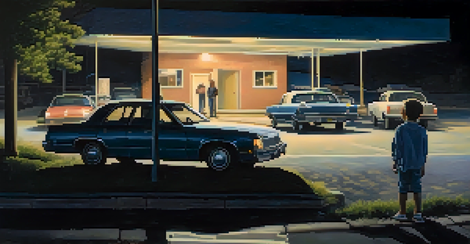 Two children with solid black eyes standing in a dimly lit parking lot at night under a flickering streetlight.