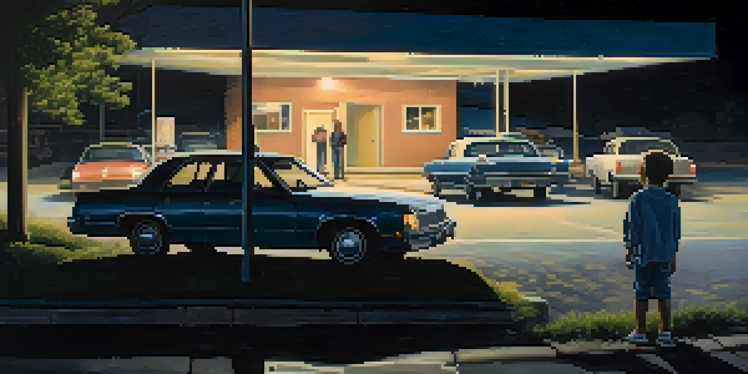 Two children with solid black eyes standing in a dimly lit parking lot at night under a flickering streetlight.