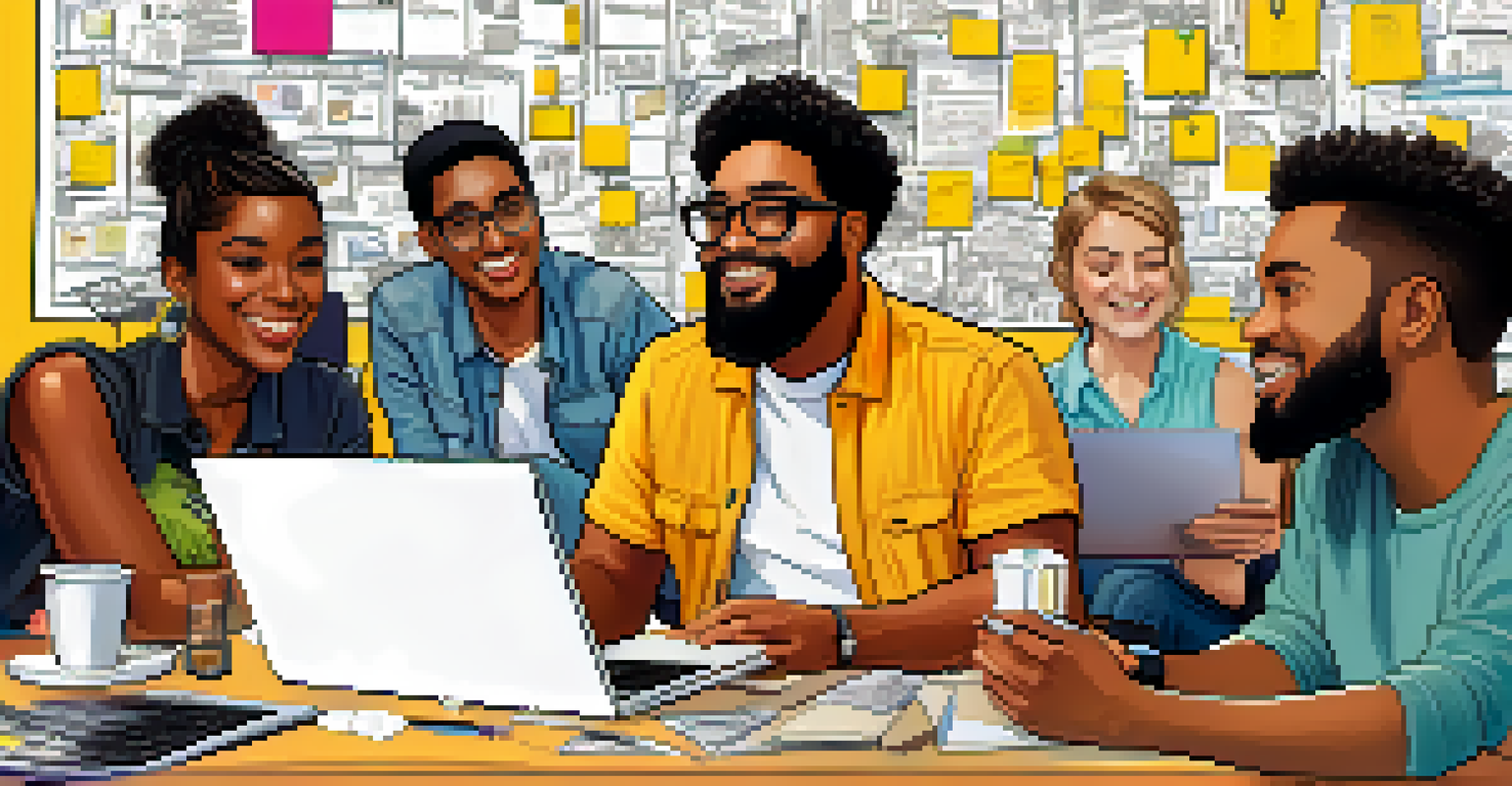 A diverse group of young entrepreneurs discussing a tech startup project around a laptop, surrounded by notes and sketches.