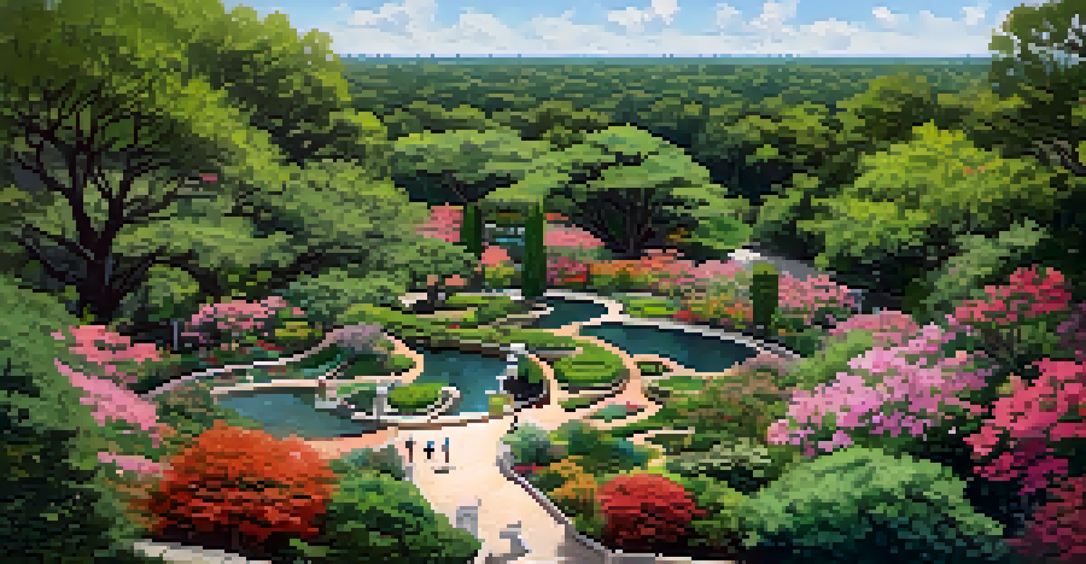 A bird's-eye view of the Zilker Botanical Garden, featuring lush themed gardens filled with colorful flowers and winding pathways.