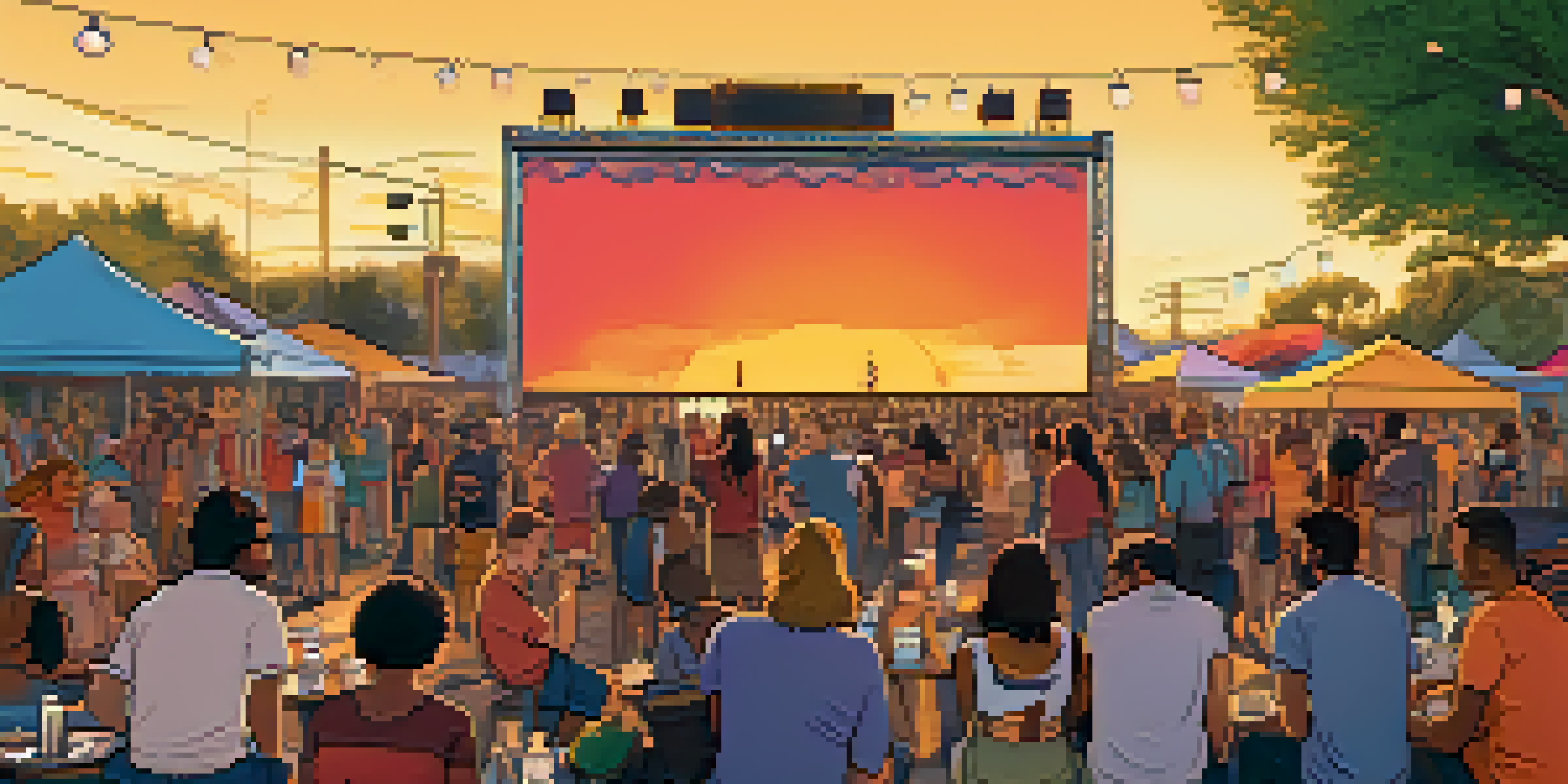A lively outdoor film festival in Austin, with people watching films on large screens and food trucks in the background.