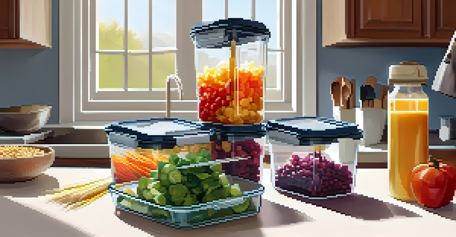 A close-up of a healthy meal prep setup with colorful vegetables and grains, alongside a smartphone playing a podcast in a bright kitchen.