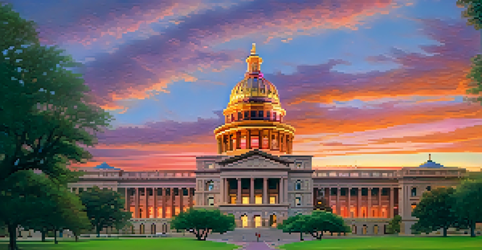 A photo of the Texas State Capitol at dusk, beautifully illuminated with a vibrant sunset in the background.