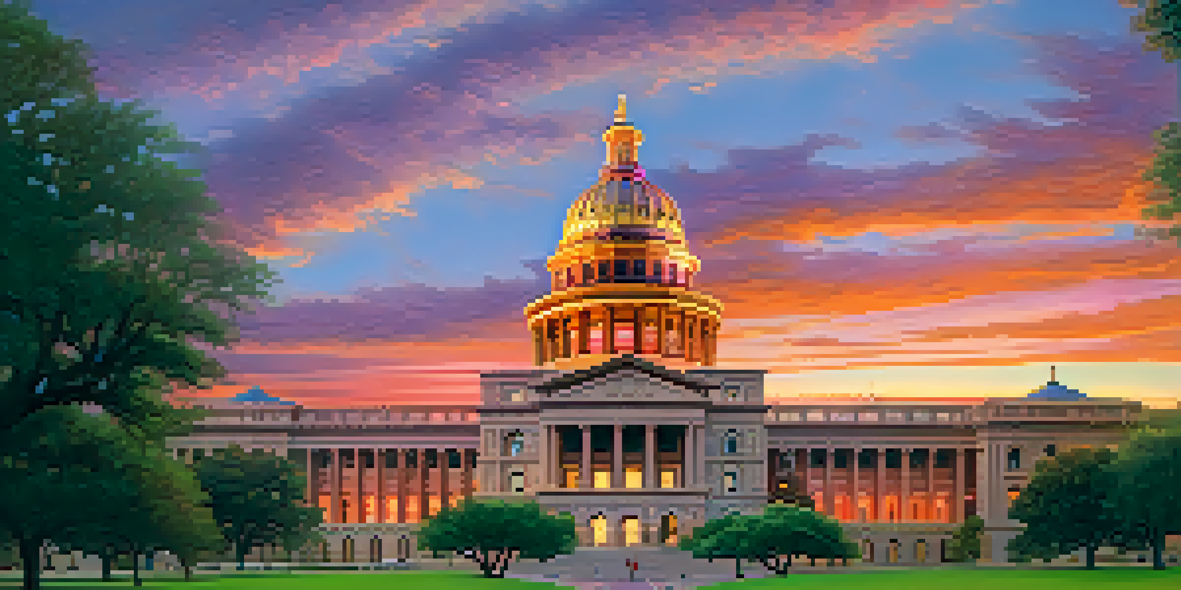A photo of the Texas State Capitol at dusk, beautifully illuminated with a vibrant sunset in the background.