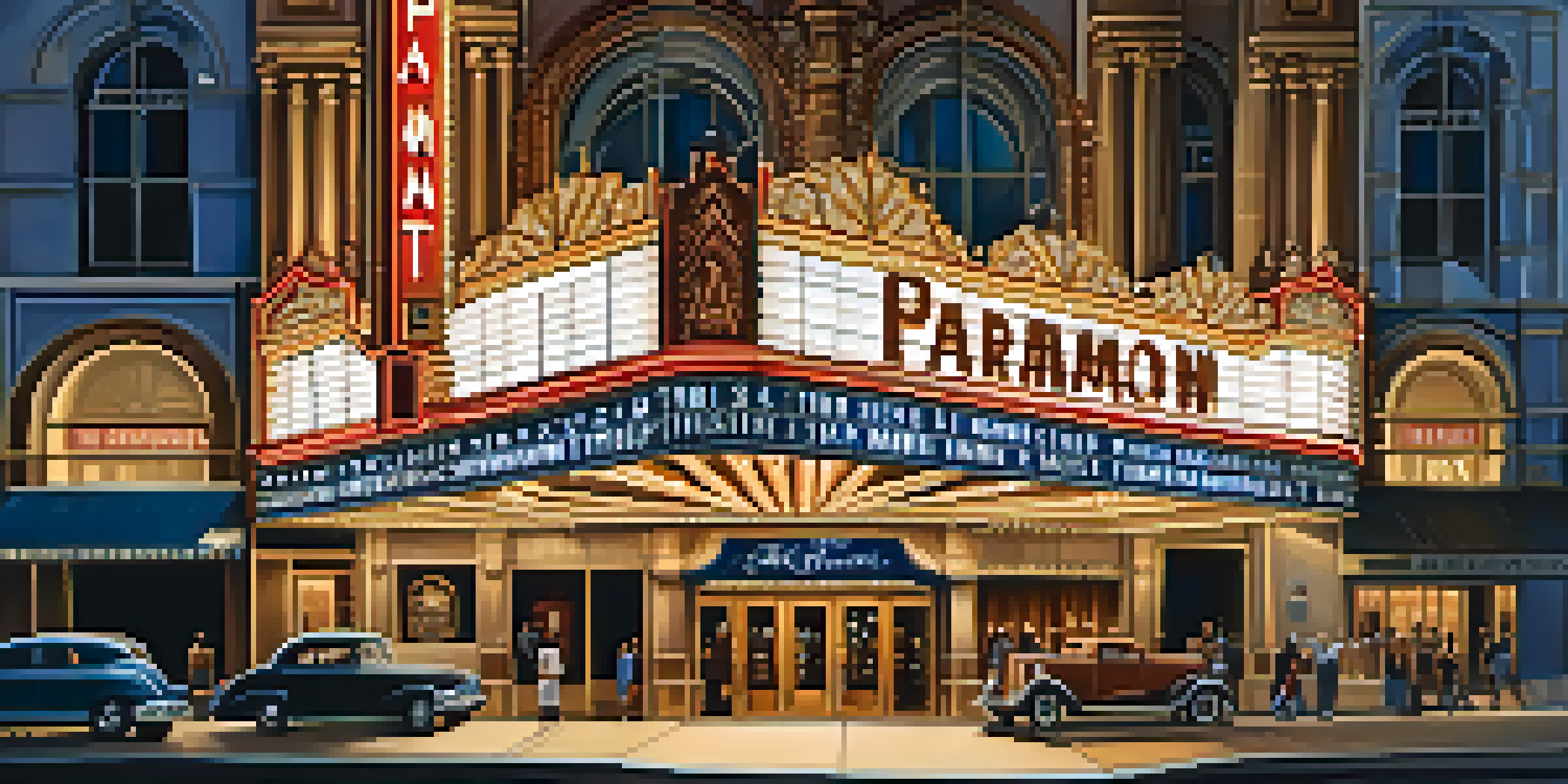 A nighttime view of the historic Paramount Theatre in downtown Austin, with glowing marquee lights and a vibrant atmosphere.