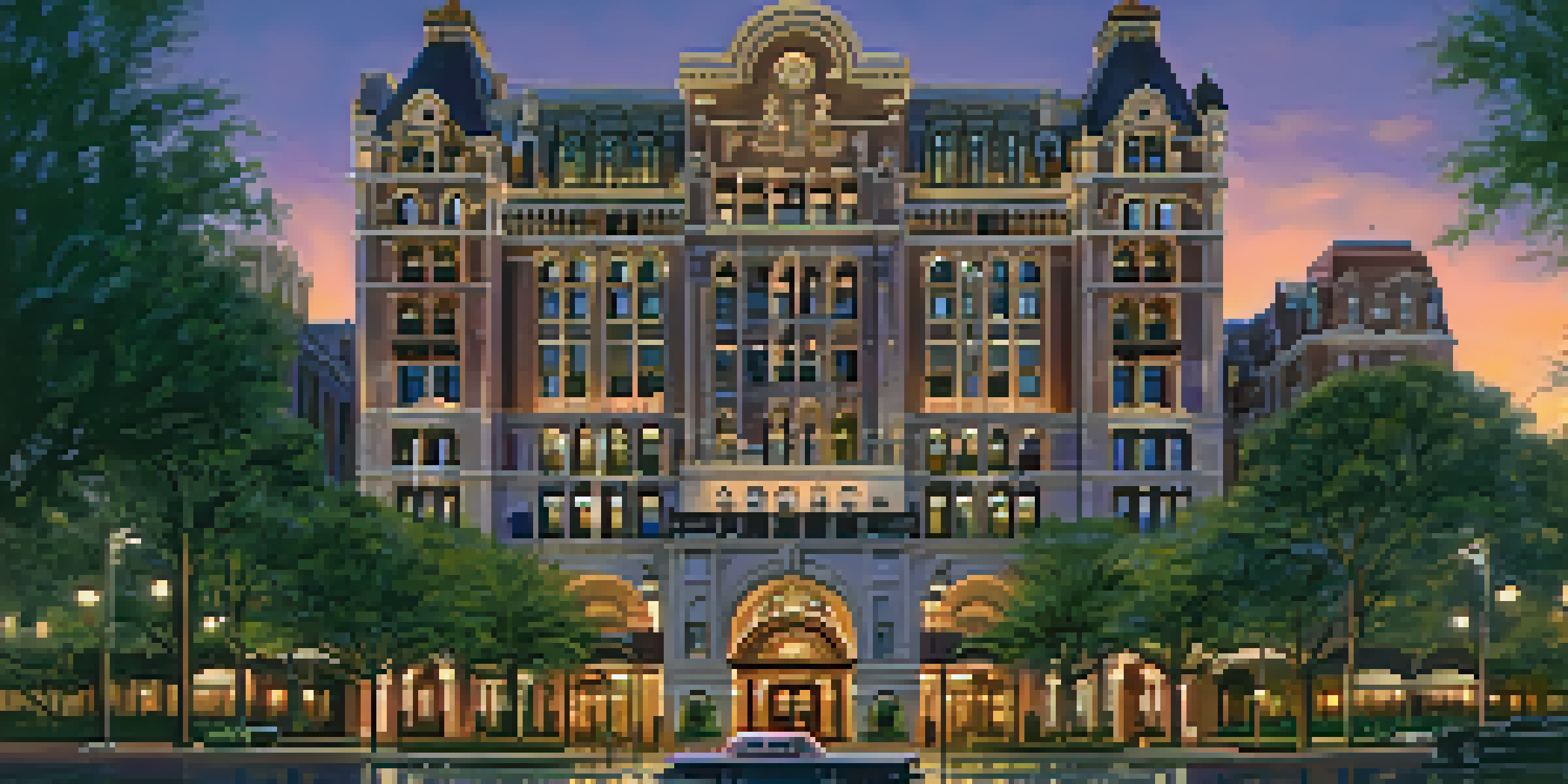 A view of the Driskill Hotel's grand facade at twilight, beautifully lit with golden lights and surrounded by trees.